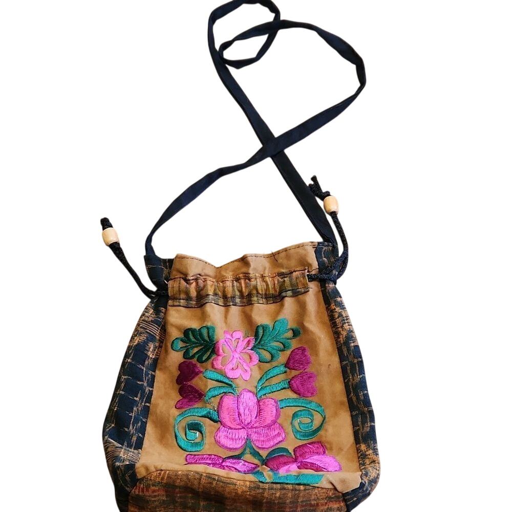 Rust brown pink floral embroidered drawstring purse bag